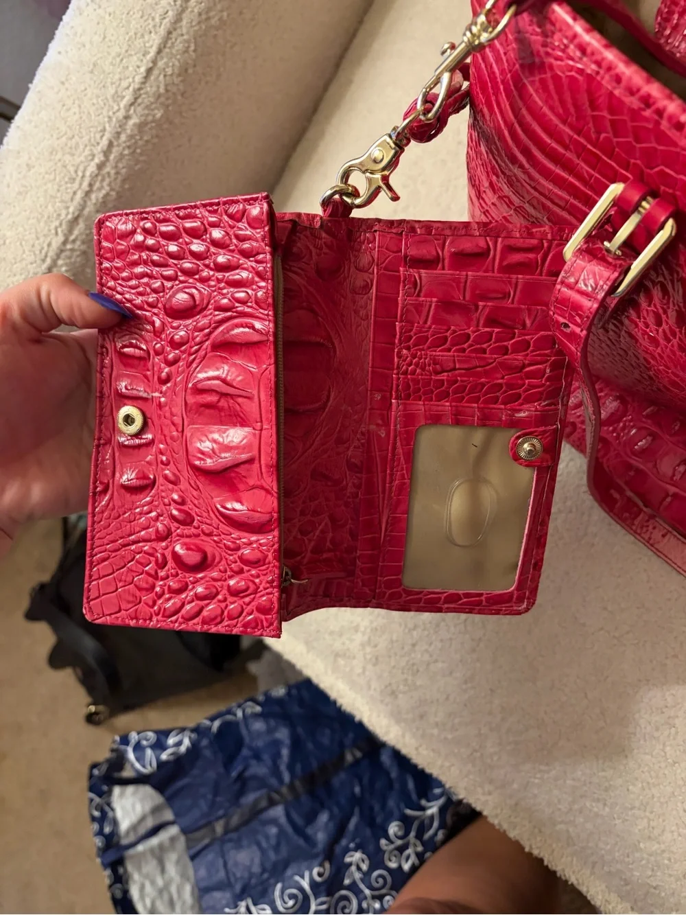 Brahmin Fuchsia Croc-Embossed Leather Tote with Gold Hardware